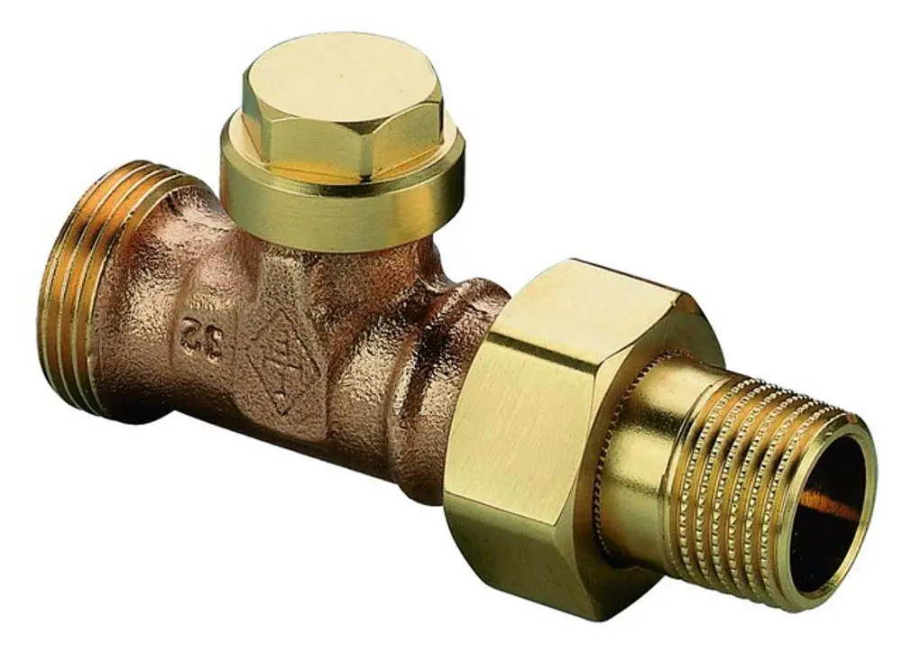 Verschraubung aus Metall mit zwei Gewindeanschlüssen, einem mit Außengewinde, zur Verwendung in Heizungsanlagen. Produkt von IMI Hydronic Engineering.